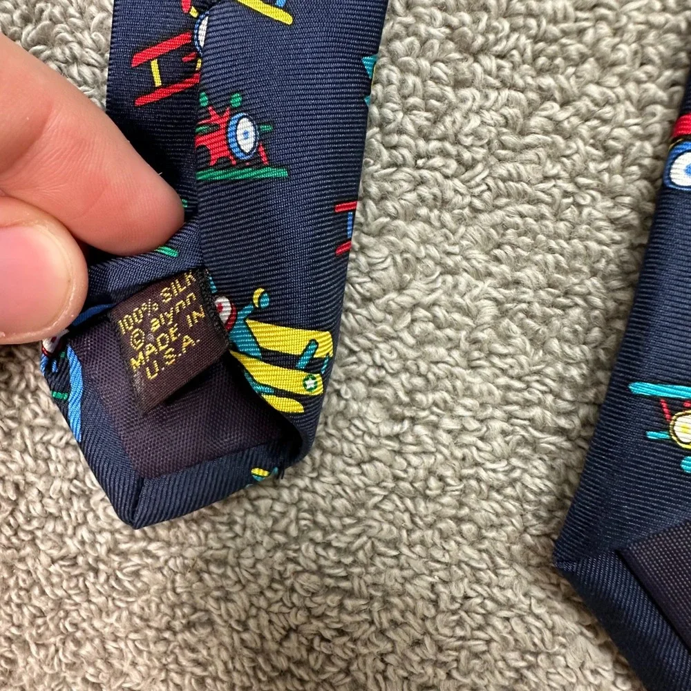Alynn Neckwear Bi-Plane Models Silk Tie Navy Blue Aviation Airplane Made in USA